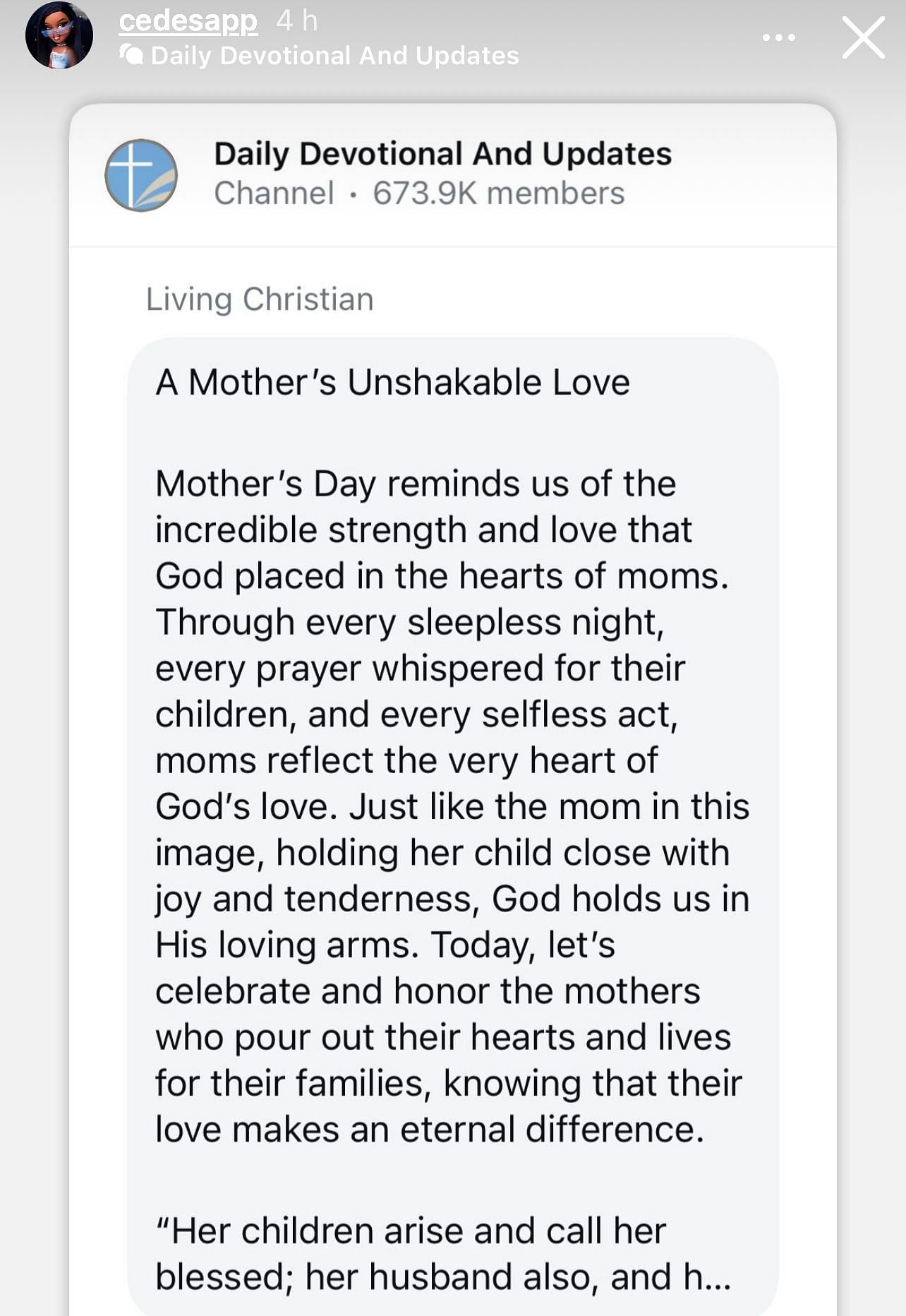 Mercedes Sapp's story on Mother's Day. - Source: Instagram/@cedesapp